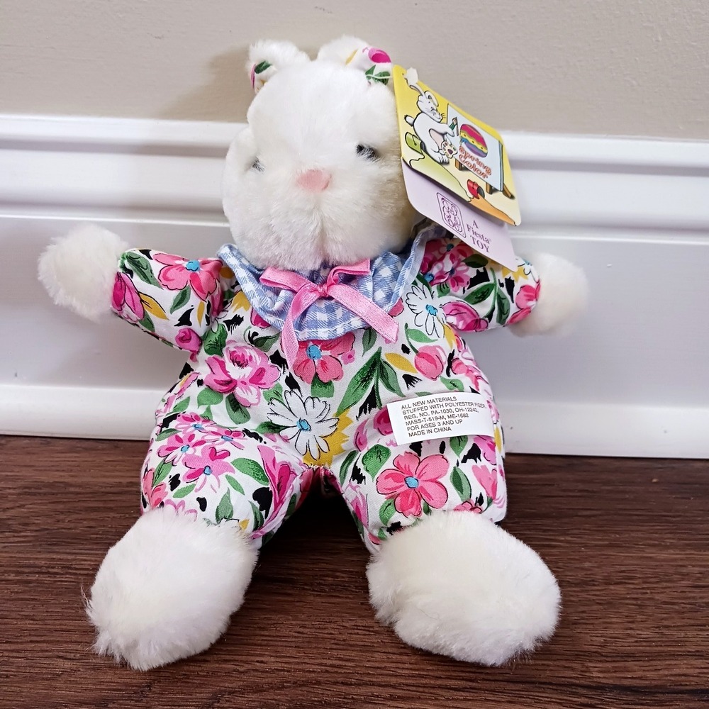 8" Vintage Fiesta Floral White Bunny Rabbit Plush E1504 New 1996‎